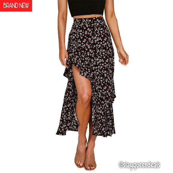 Dresses & Skirts - Floral Print Maxi Skirt with Elastic Waist and Ruffle Hem